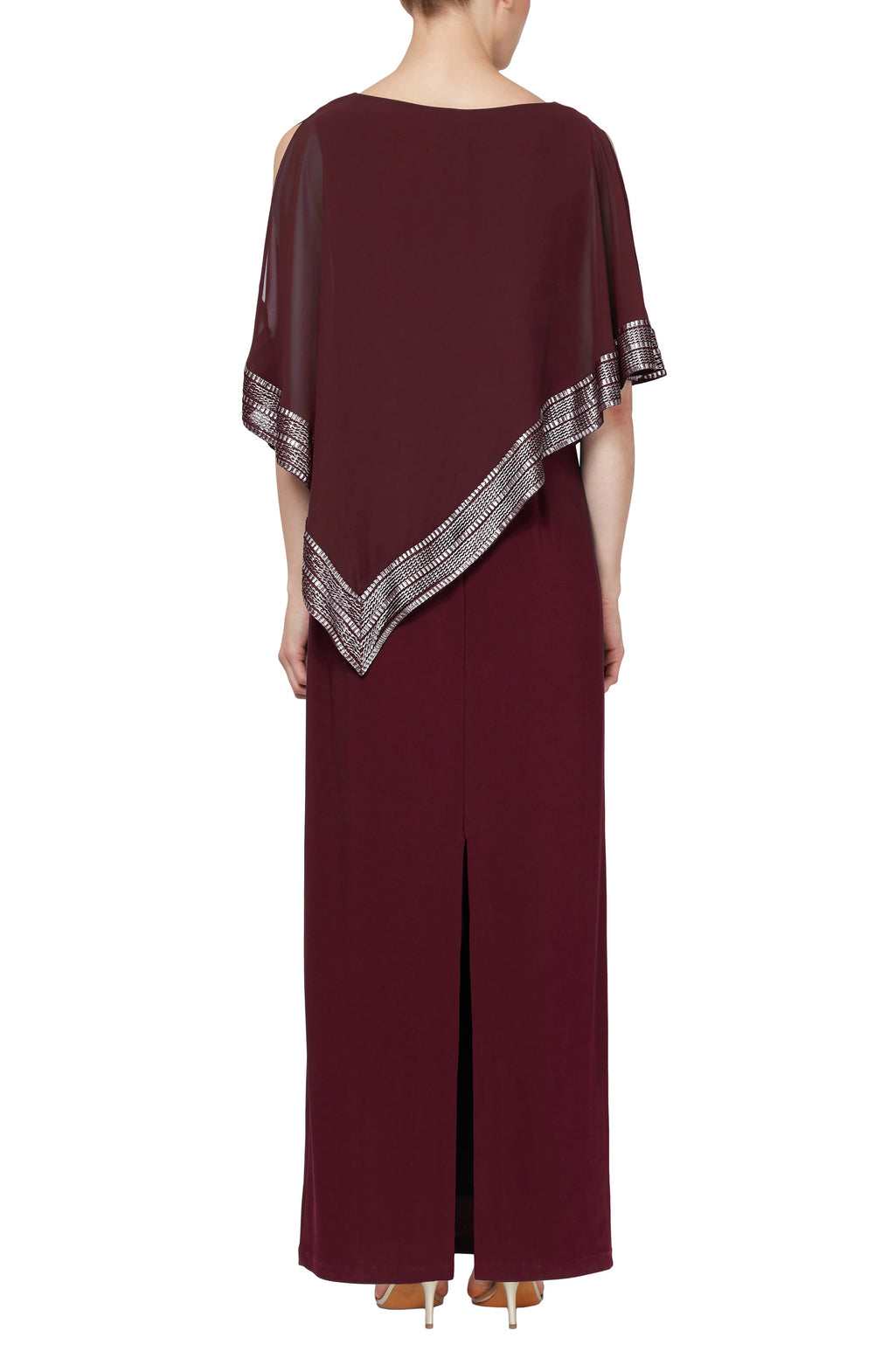 SL Fashion Scoop Neck Sleeveless Asymmetrical Cape Overlay with Metallic Detail Solid Slit Back ITY Dress-1