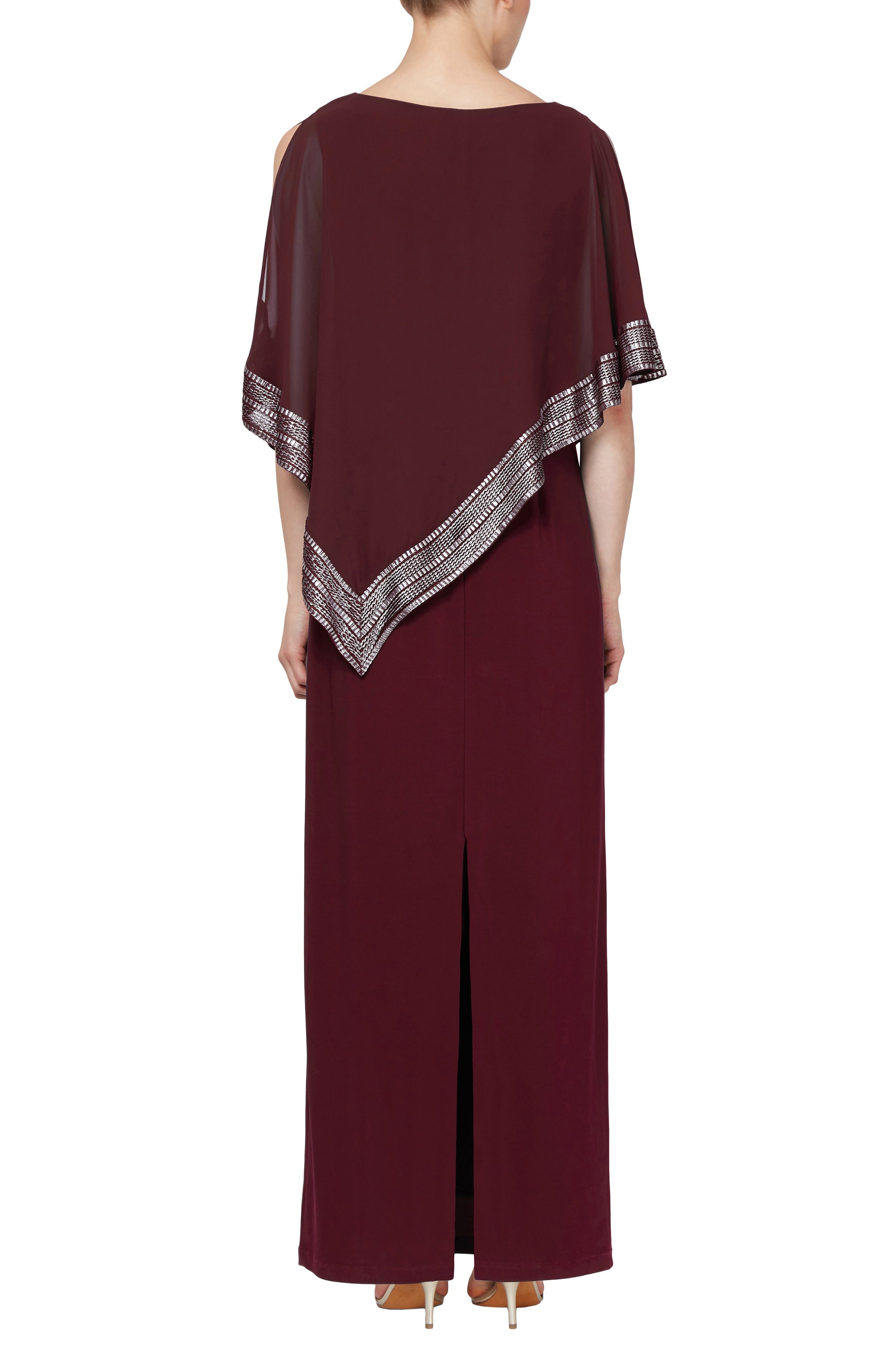 SL Fashion Scoop Neck Sleeveless Asymmetrical Cape Overlay with Metallic Detail Solid Slit Back ITY Dress-1