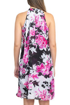 SL Fashion Halter Neck Sleeveless Floral Print Overlay Chiffon Dress