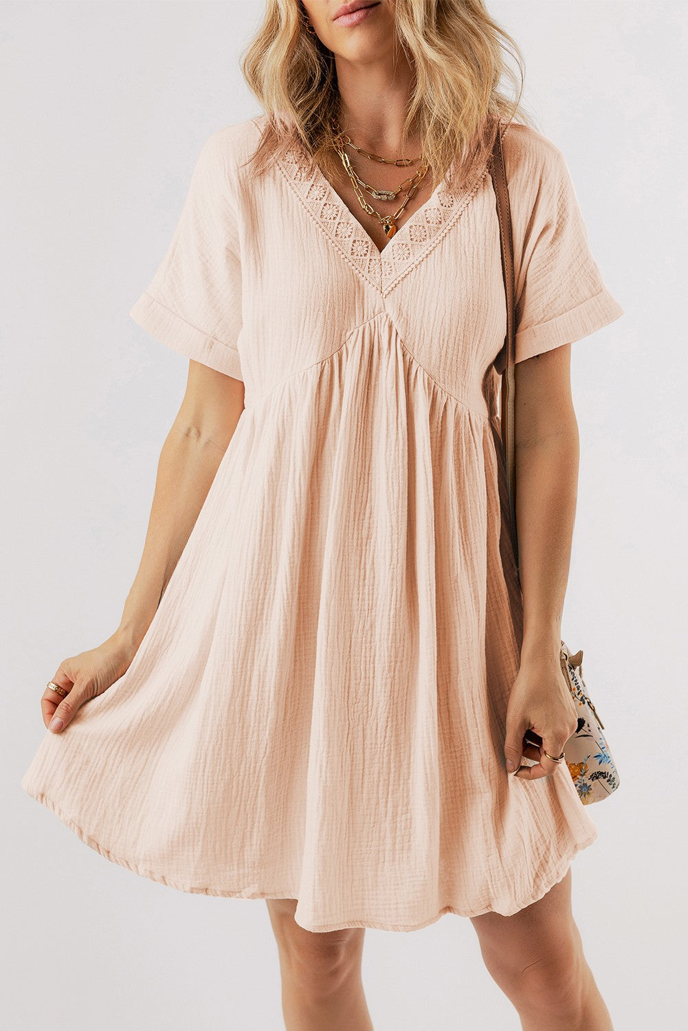 Bria Folded Short Sleeve Lace V Neck Mini Dress-3