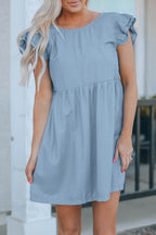 Ellis Flutter Sleeve Ruched Denim Casual Dress-0