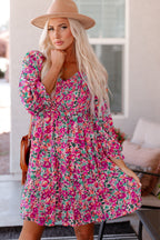 Mikaela Smocked V Neck Puffy Sleeve Floral Dress-3