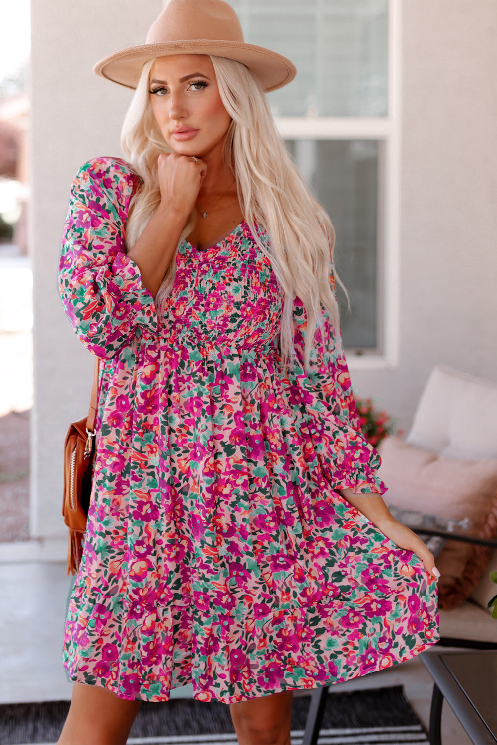 Mikaela Smocked V Neck Puffy Sleeve Floral Dress-3
