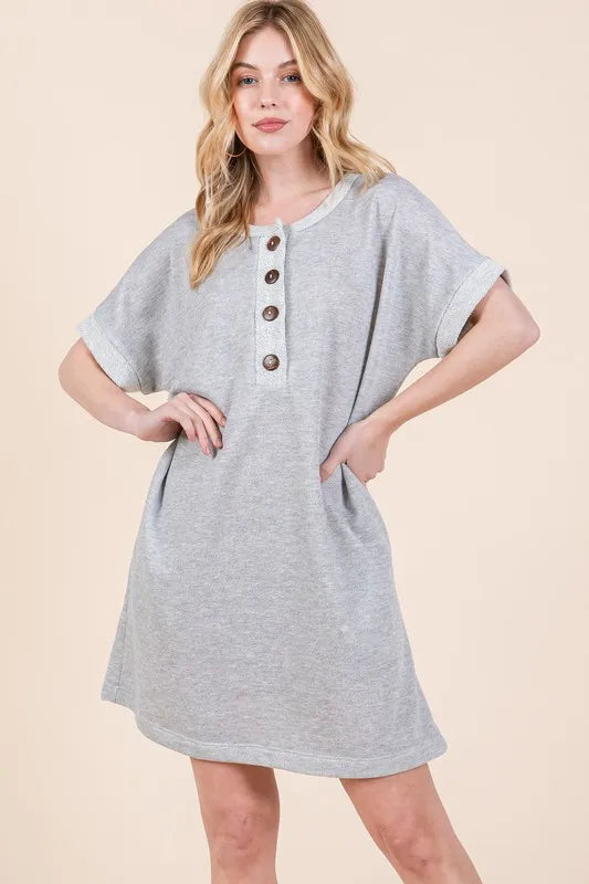 BOMBOM Casual Contrast Trim Henley Dress-2