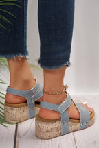 Hollow Out Velcro Leather Wedge Sandals-1
