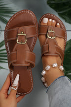 Saylor Buckle Decor Dual Bands Flat Slippers-0