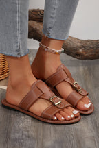 Saylor Buckle Decor Dual Bands Flat Slippers-1