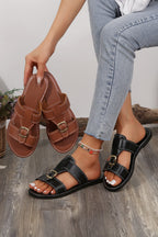 Saylor Buckle Decor Dual Bands Flat Slippers-2