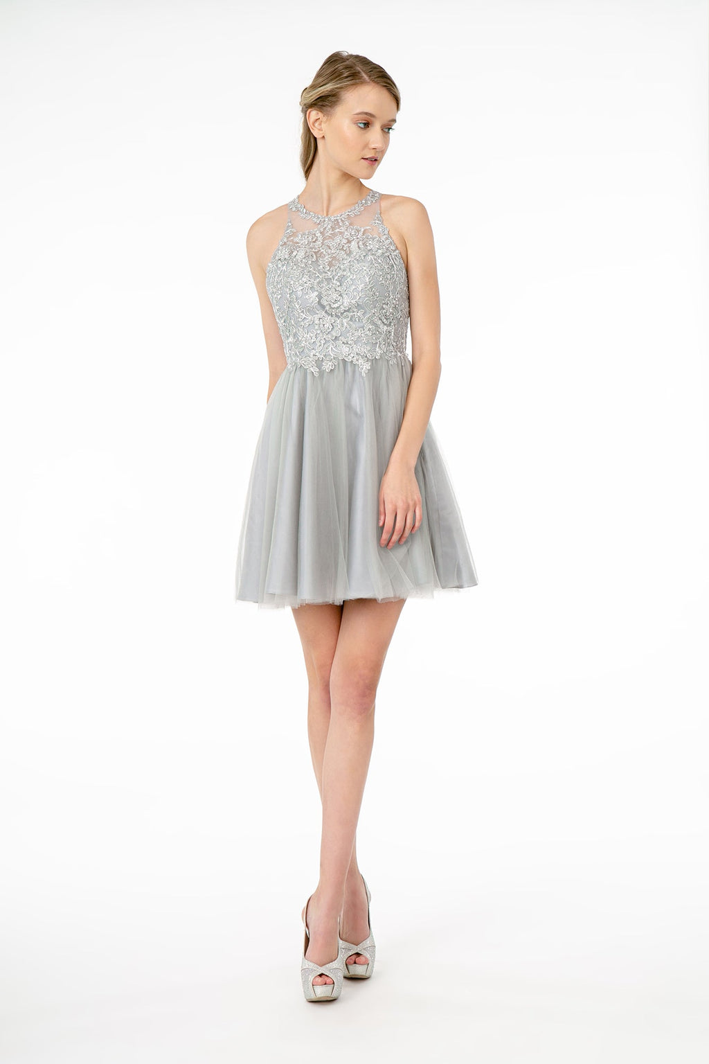 Jewel Embellished Embroidery Tulle Short Dress w/ Strap Back-4