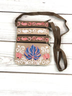 Suede Embroidered Taupe and Blue Five Zipper Crossbody Bag-6