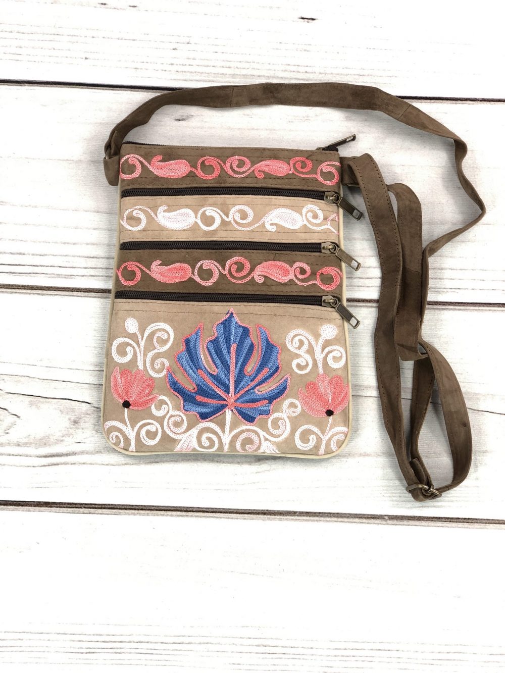 Suede Embroidered Taupe and Blue Five Zipper Crossbody Bag-6