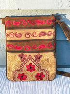 Beige And Red Suede Embroidered Cross-Body Bag-1