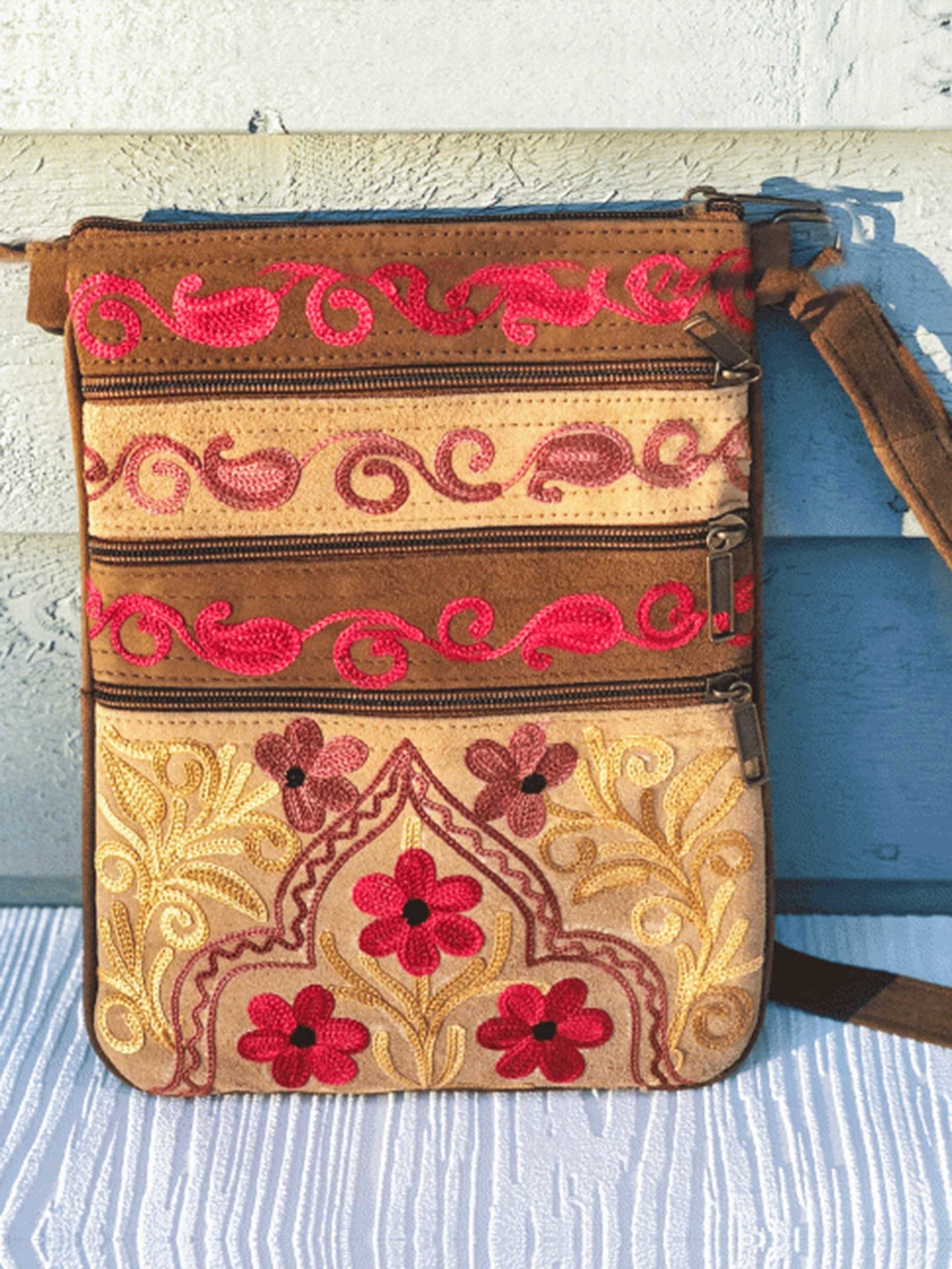 Beige And Red Suede Embroidered Cross-Body Bag-1