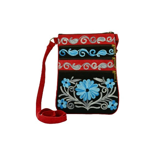 Suede Embroidered Red And Blue Five Zipper Cross-Body Bag-1