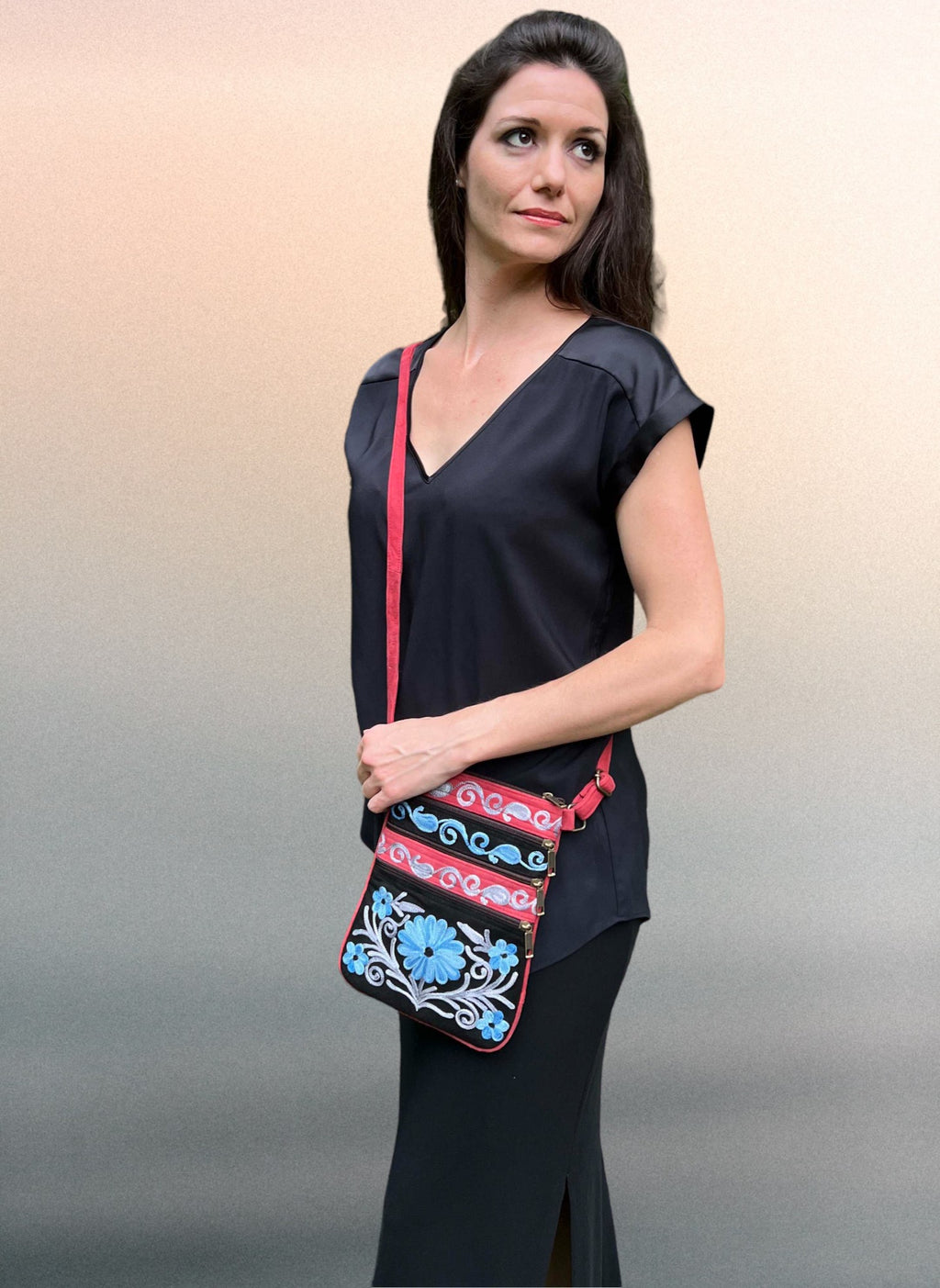 Suede Embroidered Red And Blue Five Zipper Cross-Body Bag-0