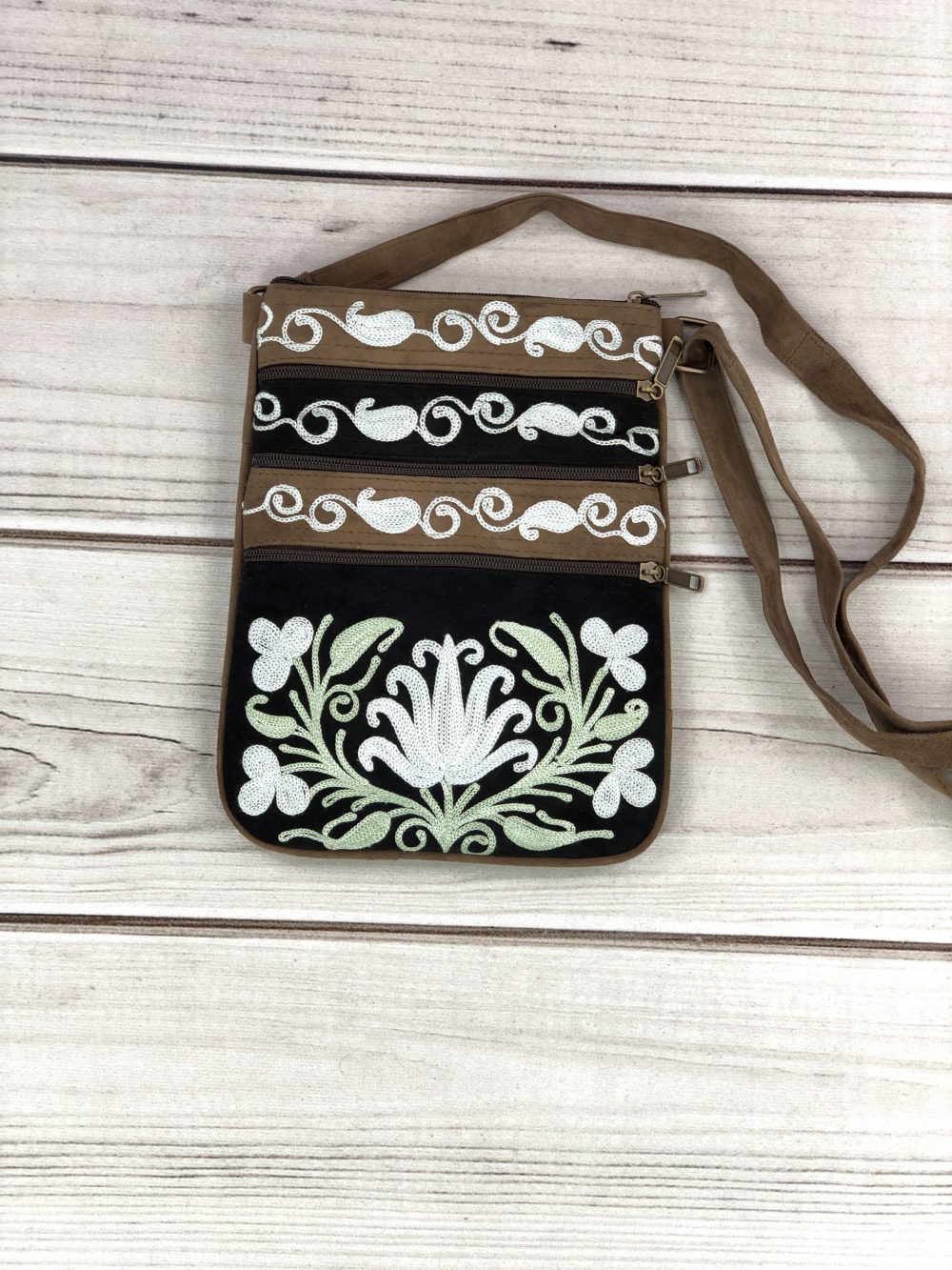 Suede Embroidered Mint and Black Five Zipper Crossbody Bag-4