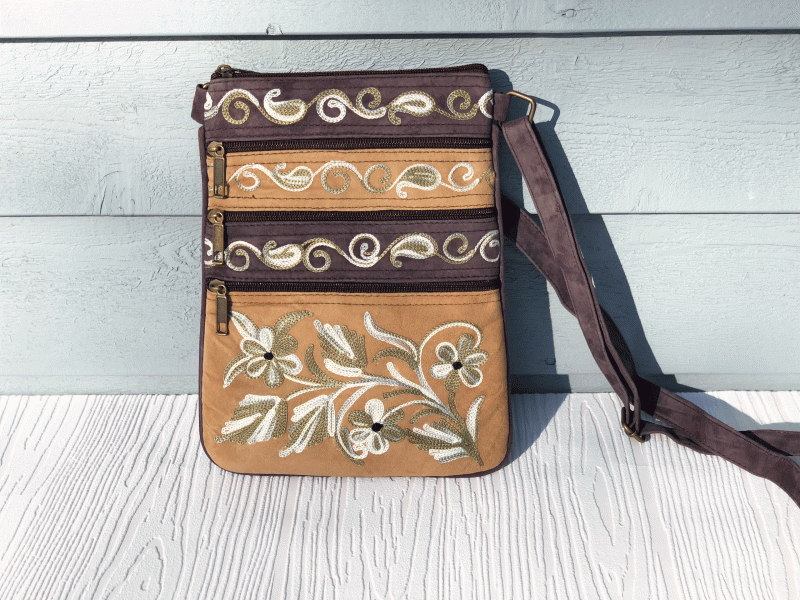 Suede Embroidered Five Zipper Cross-Body Bag-7