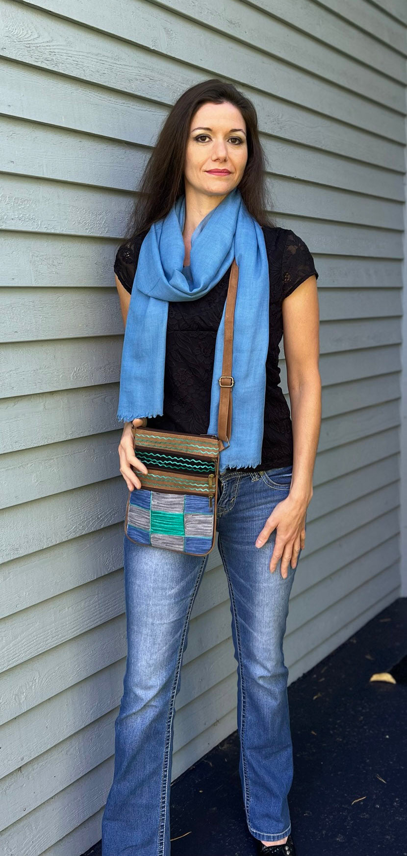 Handmade Blue and Green Suede Cross Body Bag-1