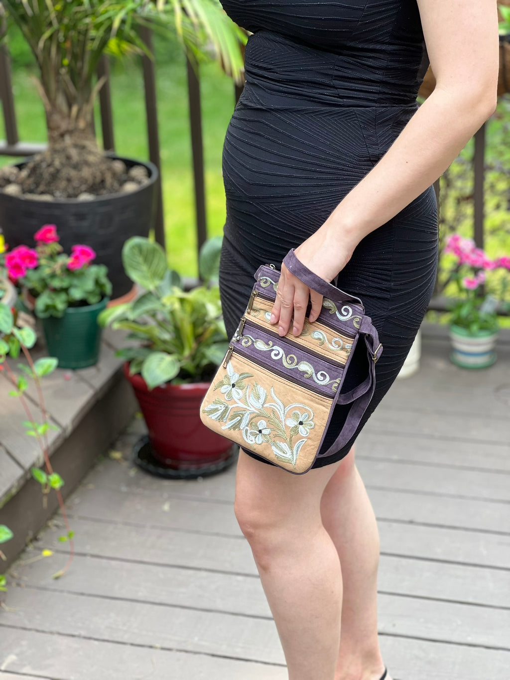 Suede Embroidered Five Zipper Cross-Body Bag-2