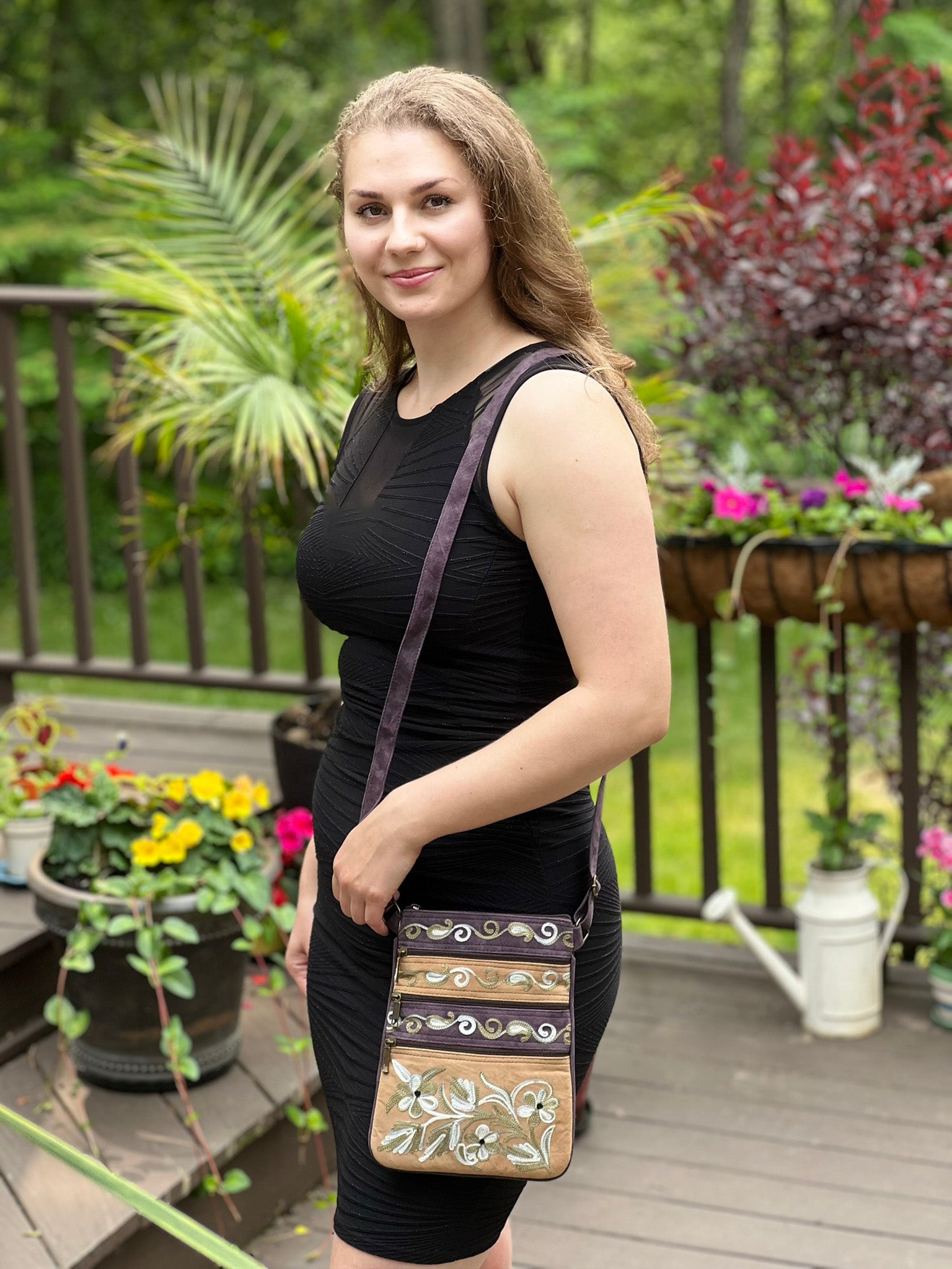 Suede Embroidered Five Zipper Cross-Body Bag-1