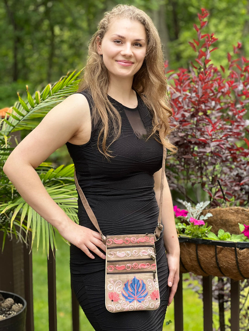 Suede Embroidered Taupe and Blue Five Zipper Crossbody Bag-4