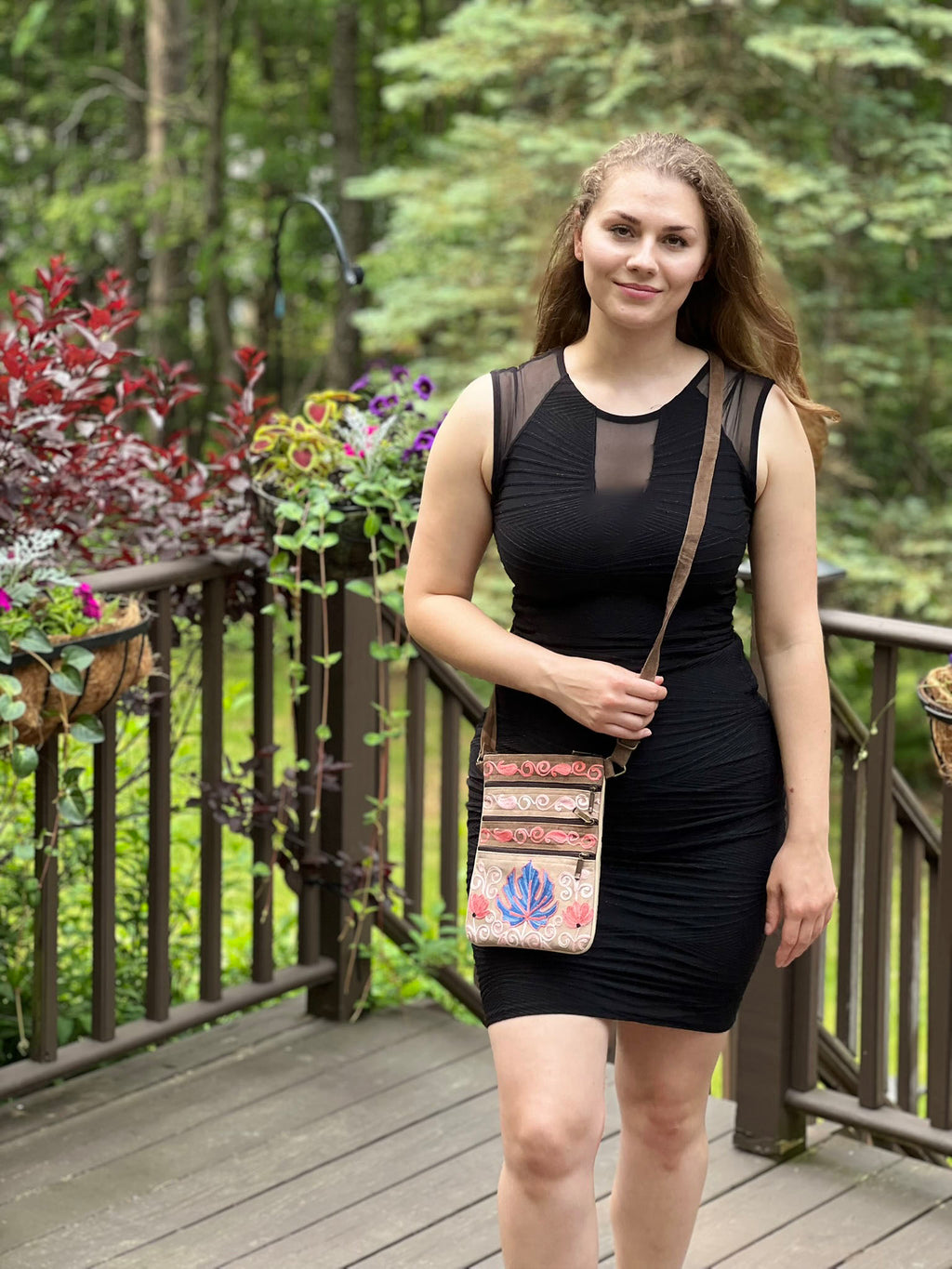 Suede Embroidered Taupe and Blue Five Zipper Crossbody Bag-0