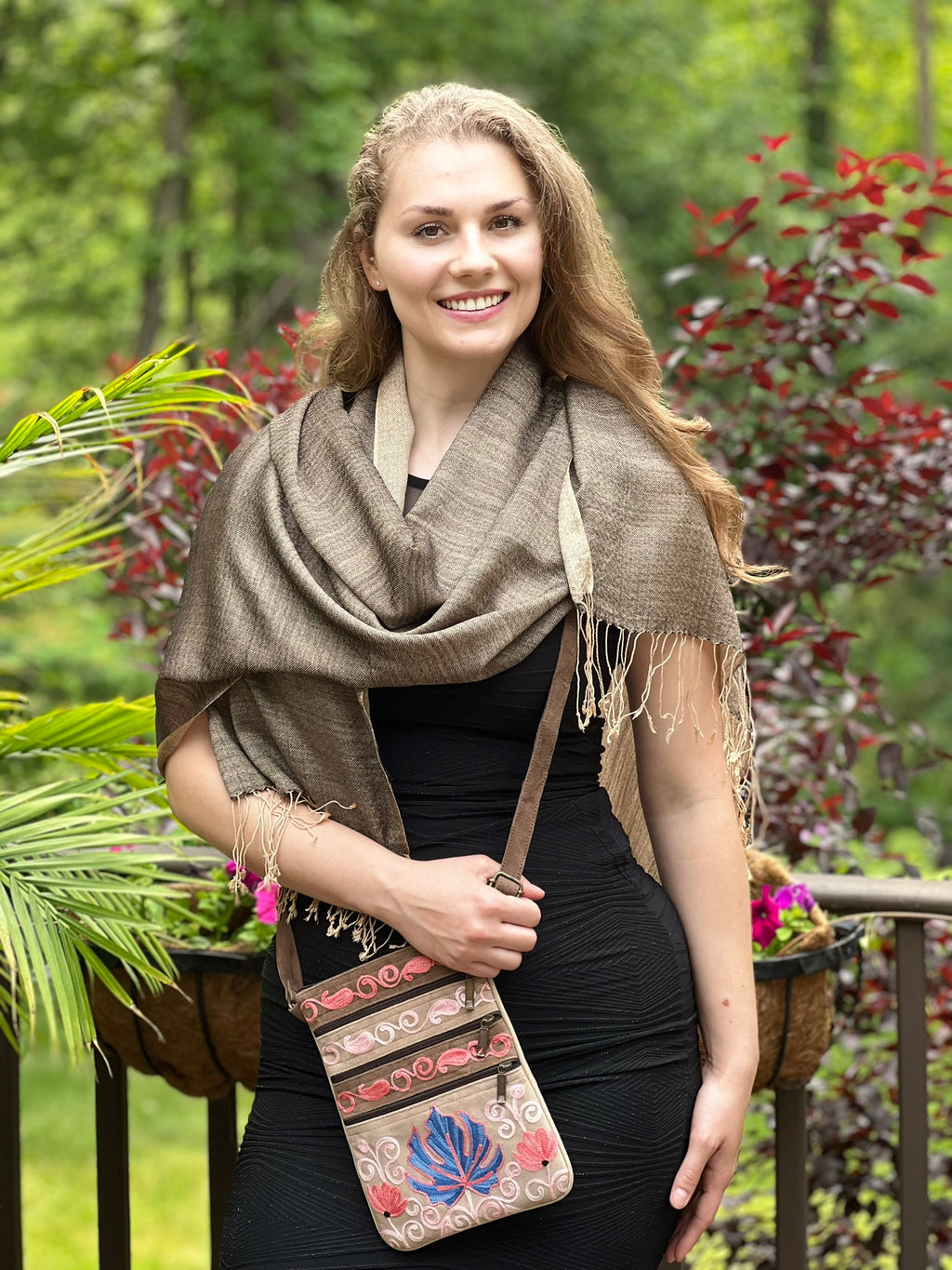 Suede Embroidered Taupe and Blue Five Zipper Crossbody Bag-2