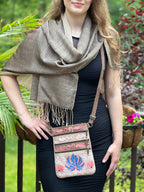 Suede Embroidered Taupe and Blue Five Zipper Crossbody Bag-1