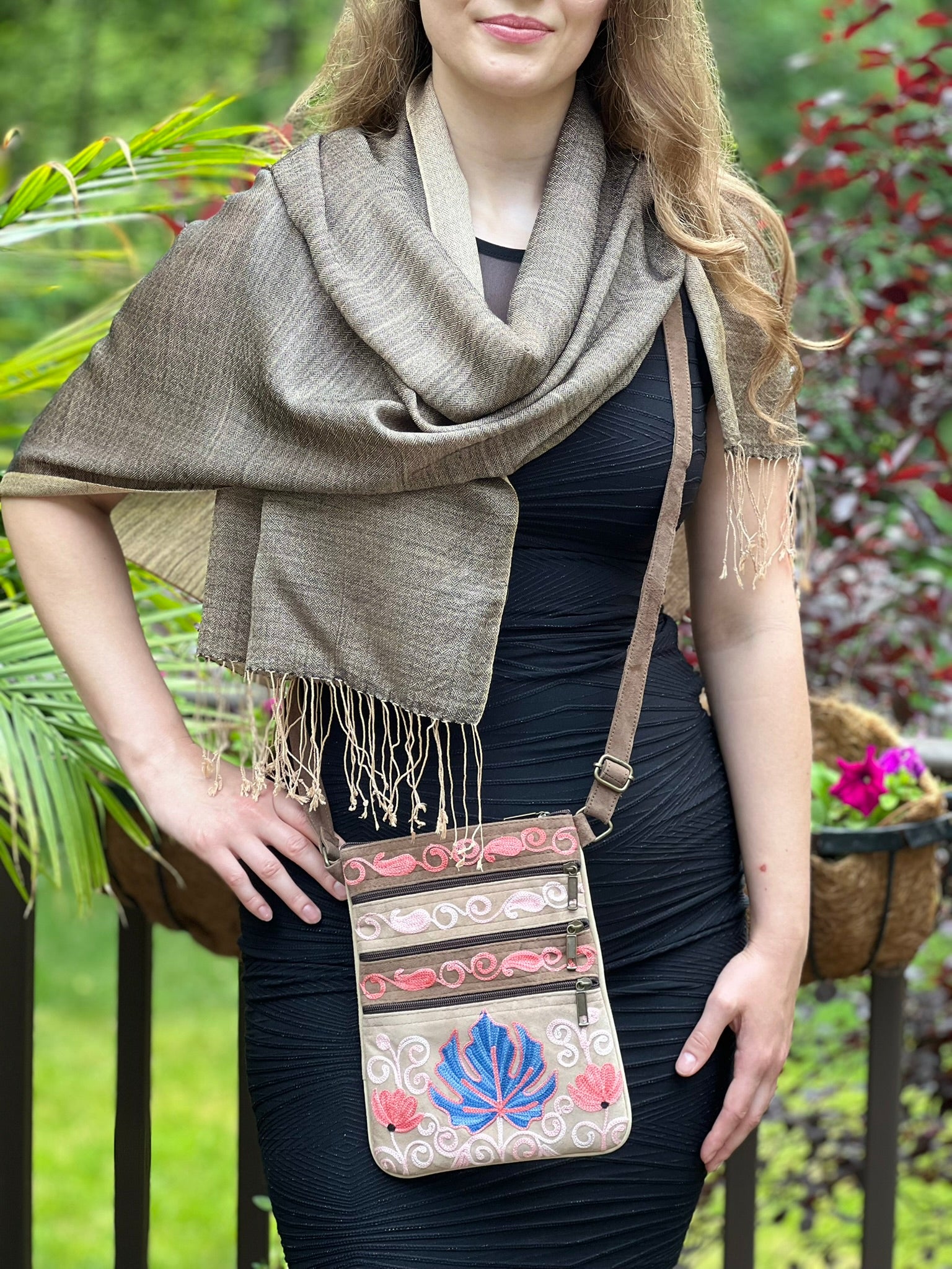 Suede Embroidered Taupe and Blue Five Zipper Crossbody Bag-1