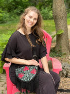 Handmade Green and Red Suede Embroidered Heart Shaped Bag-5