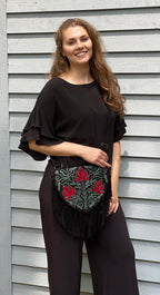 Handmade Green and Red Suede Embroidered Heart Shaped Bag-0