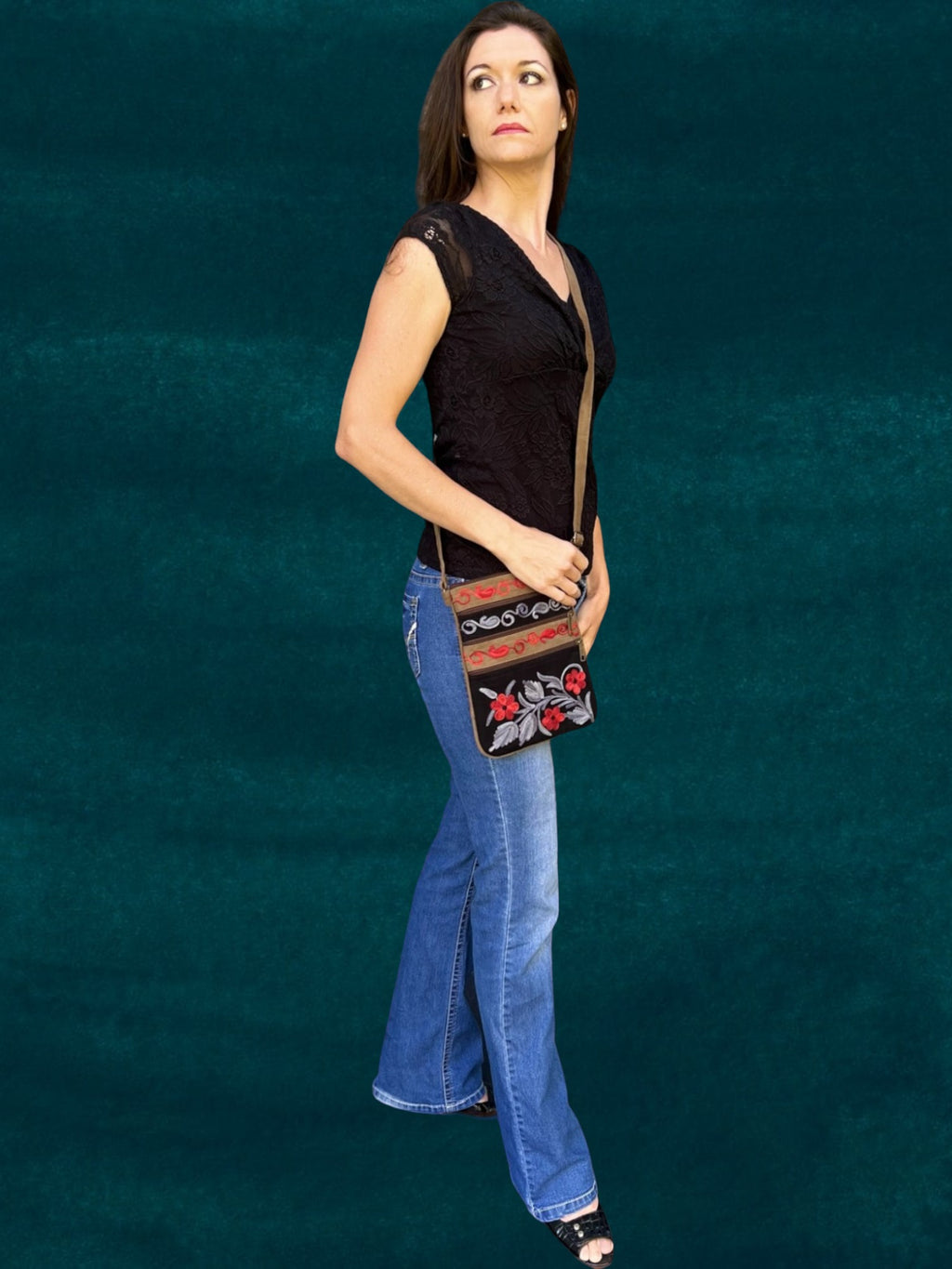 Black And Grey Suede Embroidered Cross-Body Bag-1