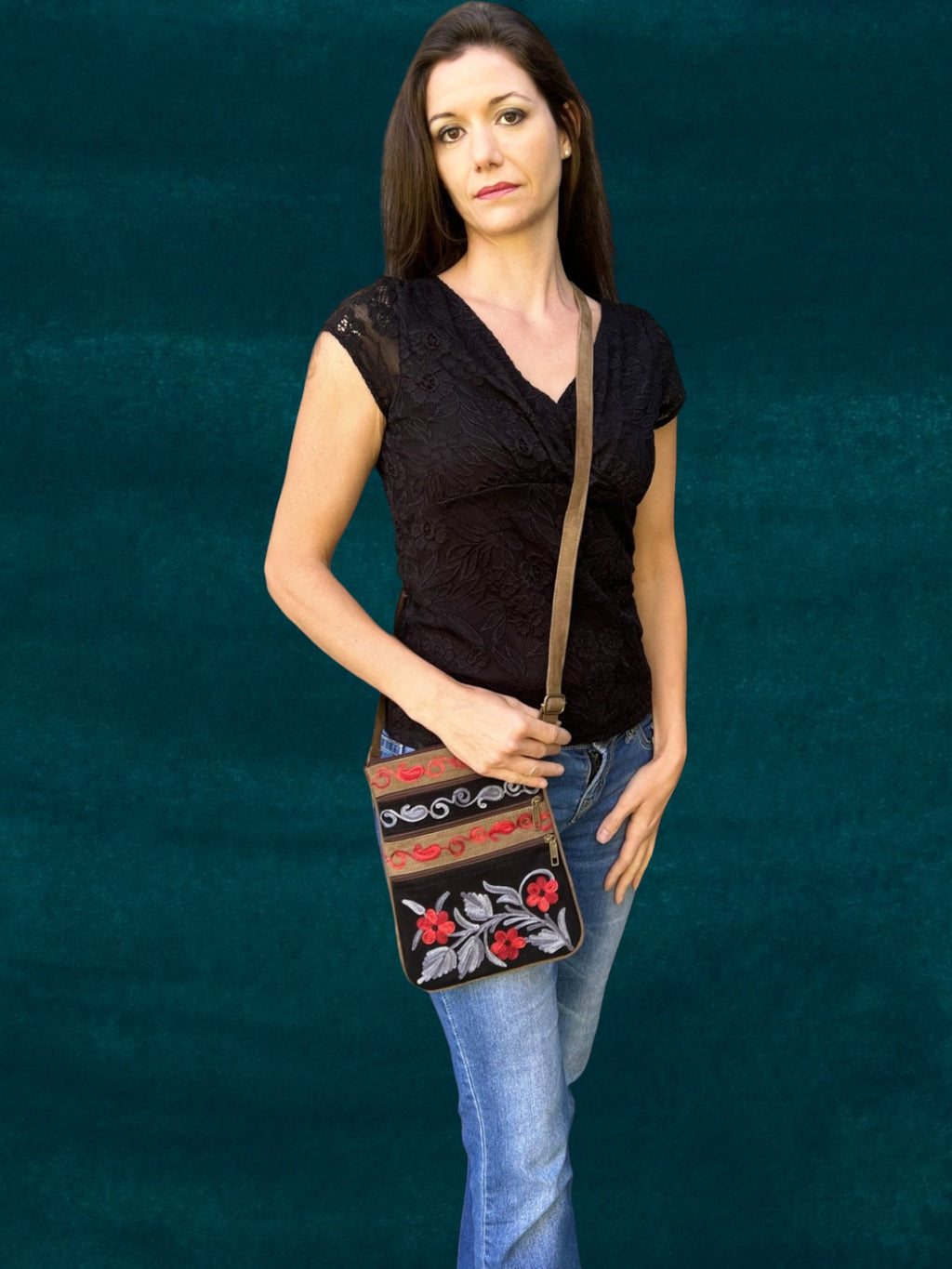 Black And Grey Suede Embroidered Cross-Body Bag-0