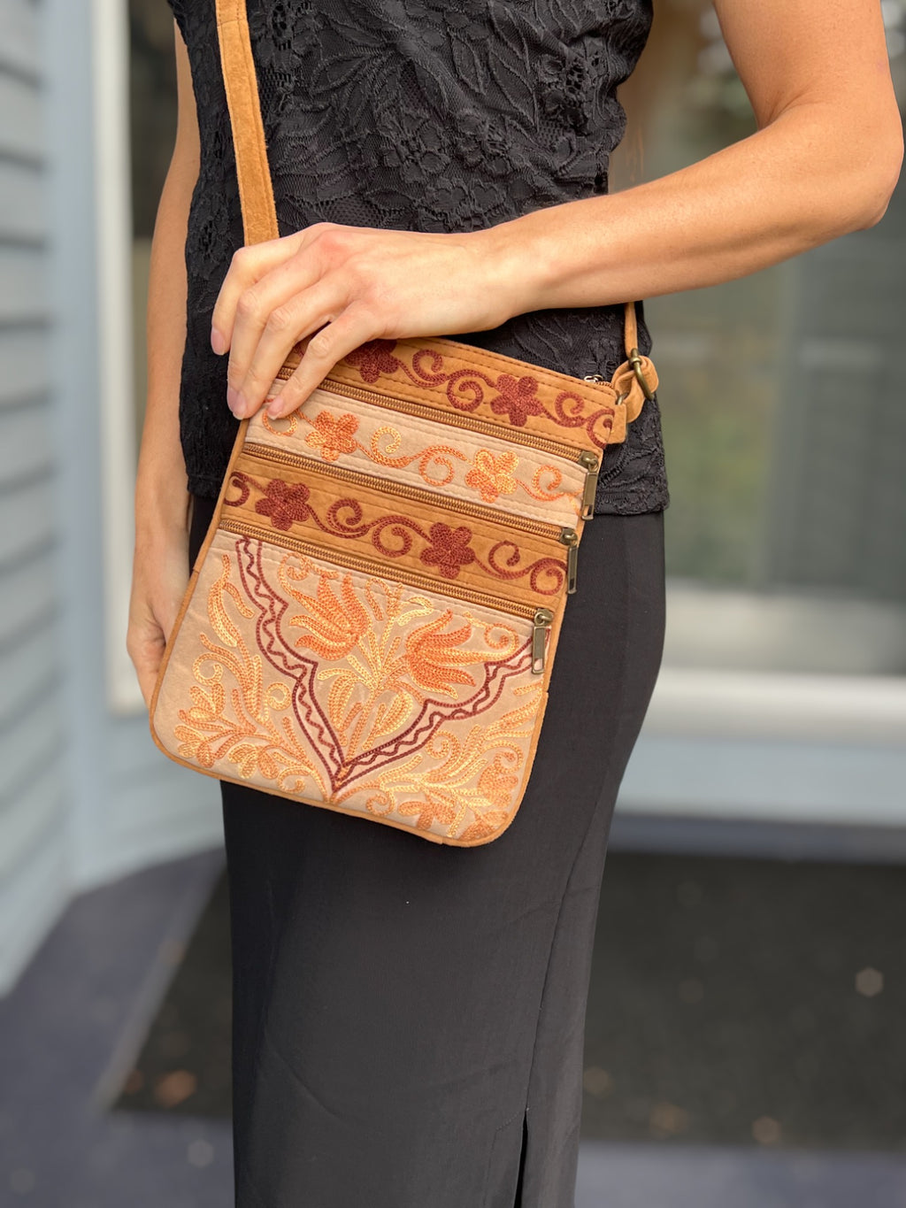 Suede Embroidered Five Zipper Cross-Body Bag-3