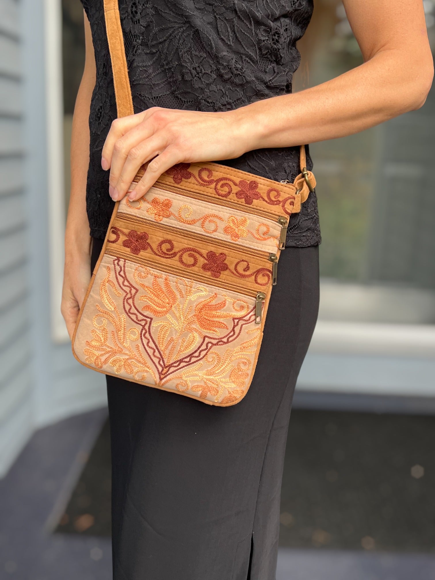 Suede Embroidered Five Zipper Cross-Body Bag-3