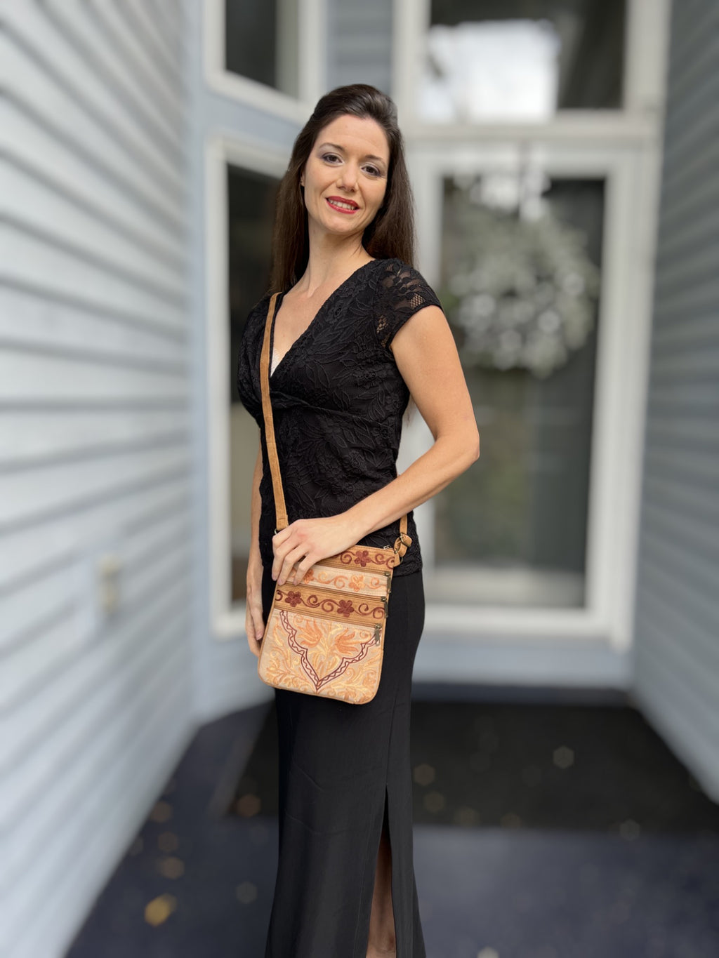 Suede Embroidered Five Zipper Cross-Body Bag-1