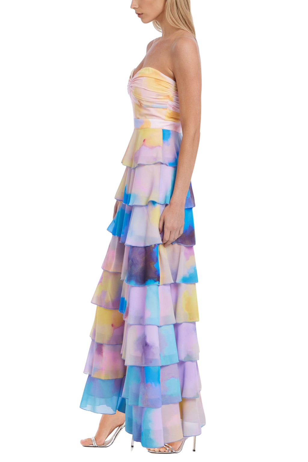 Badgley Mischka Giselle Watercolored Print Strapless Sweetheart Neckline Bodice Tiered Ruffled Skirt Maxi Gown Dress-1