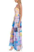 Badgley Mischka Giselle Watercolored Print Strapless Sweetheart Neckline Bodice Tiered Ruffled Skirt Maxi Gown Dress-1
