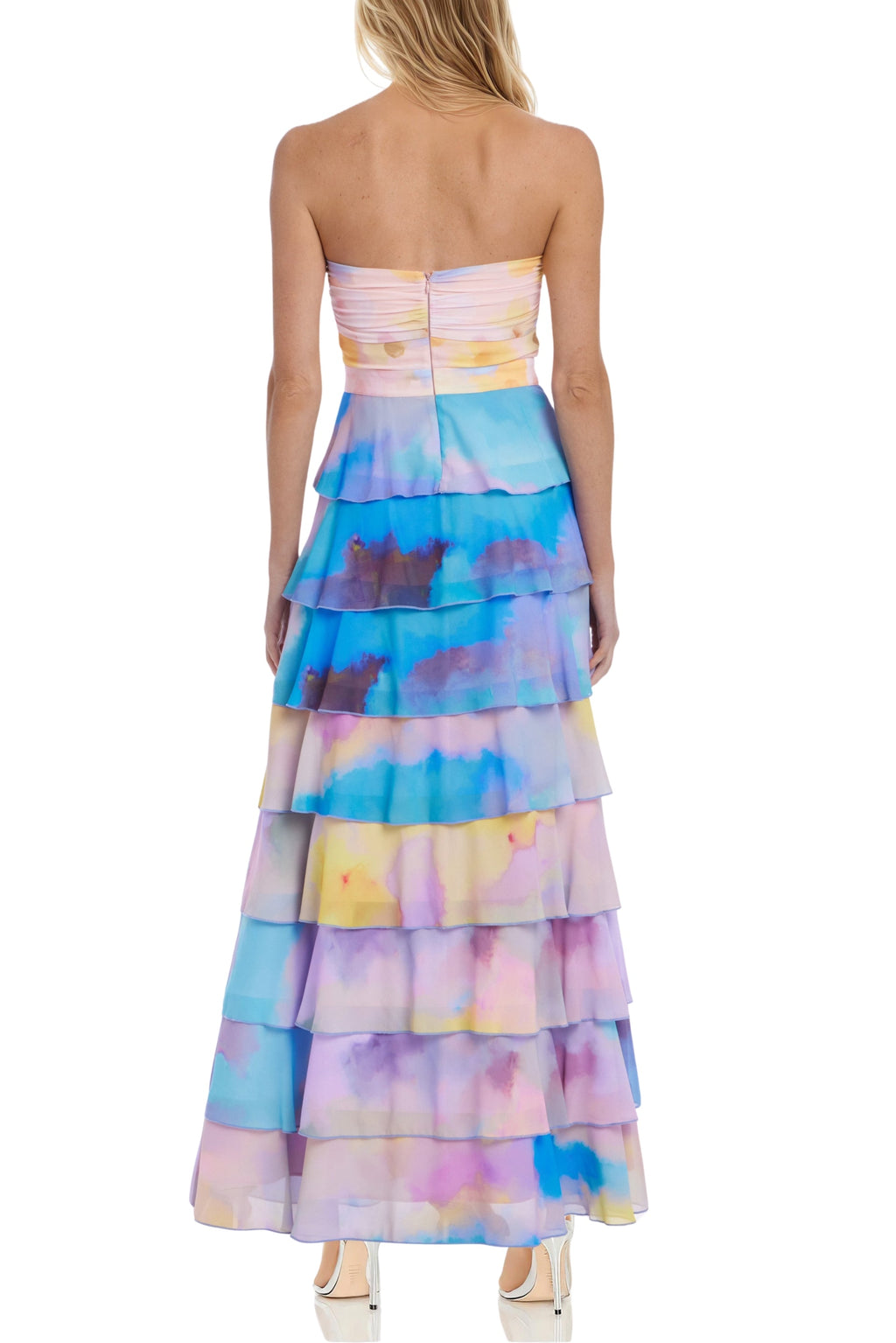 Badgley Mischka Giselle Watercolored Print Strapless Sweetheart Neckline Bodice Tiered Ruffled Skirt Maxi Gown Dress-2