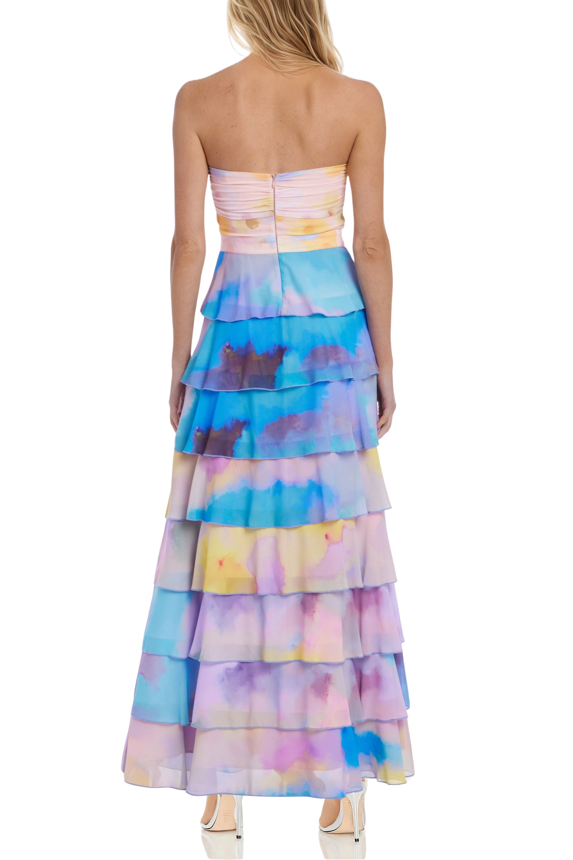 Badgley Mischka Giselle Watercolored Print Strapless Sweetheart Neckline Bodice Tiered Ruffled Skirt Maxi Gown Dress-2