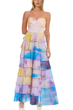 Badgley Mischka Giselle Watercolored Print Strapless Sweetheart Neckline Bodice Tiered Ruffled Skirt Maxi Gown Dress-0