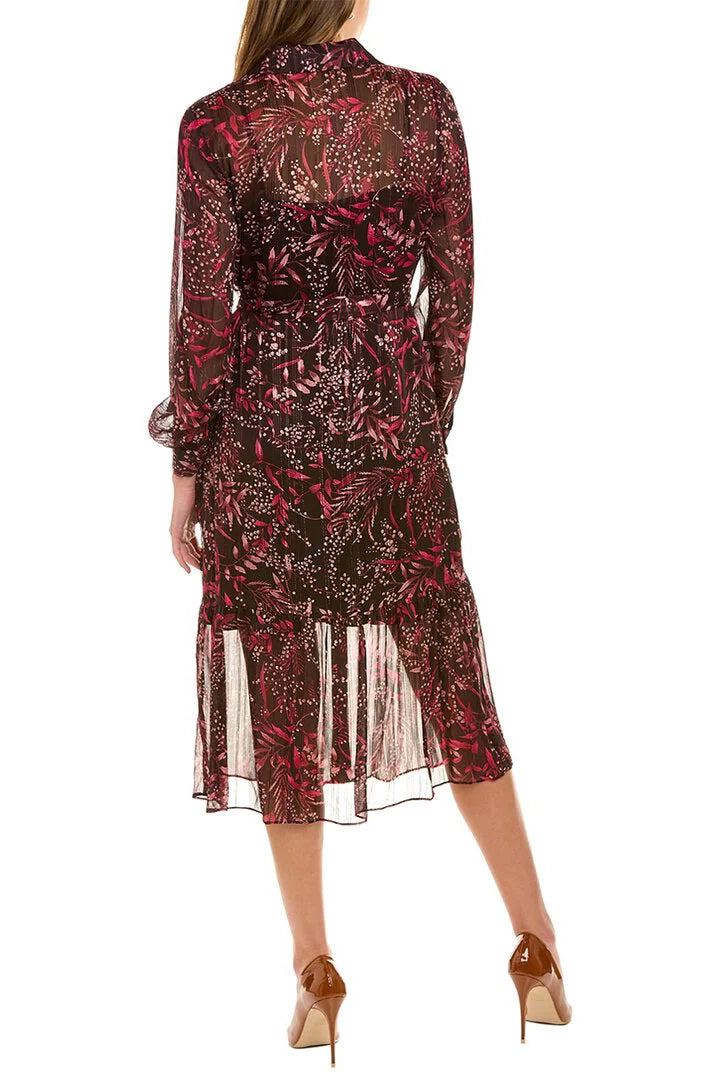 Nanette Lepore Collared Long Sleeve Barbell Cuffs Button Front Multi Print Metallic Tie Waist Chiffon Shirt Dress-1