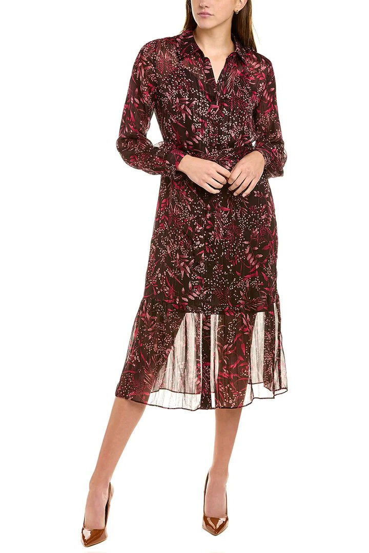 Nanette Lepore Collared Long Sleeve Barbell Cuffs Button Front Multi Print Metallic Tie Waist Chiffon Shirt Dress-0