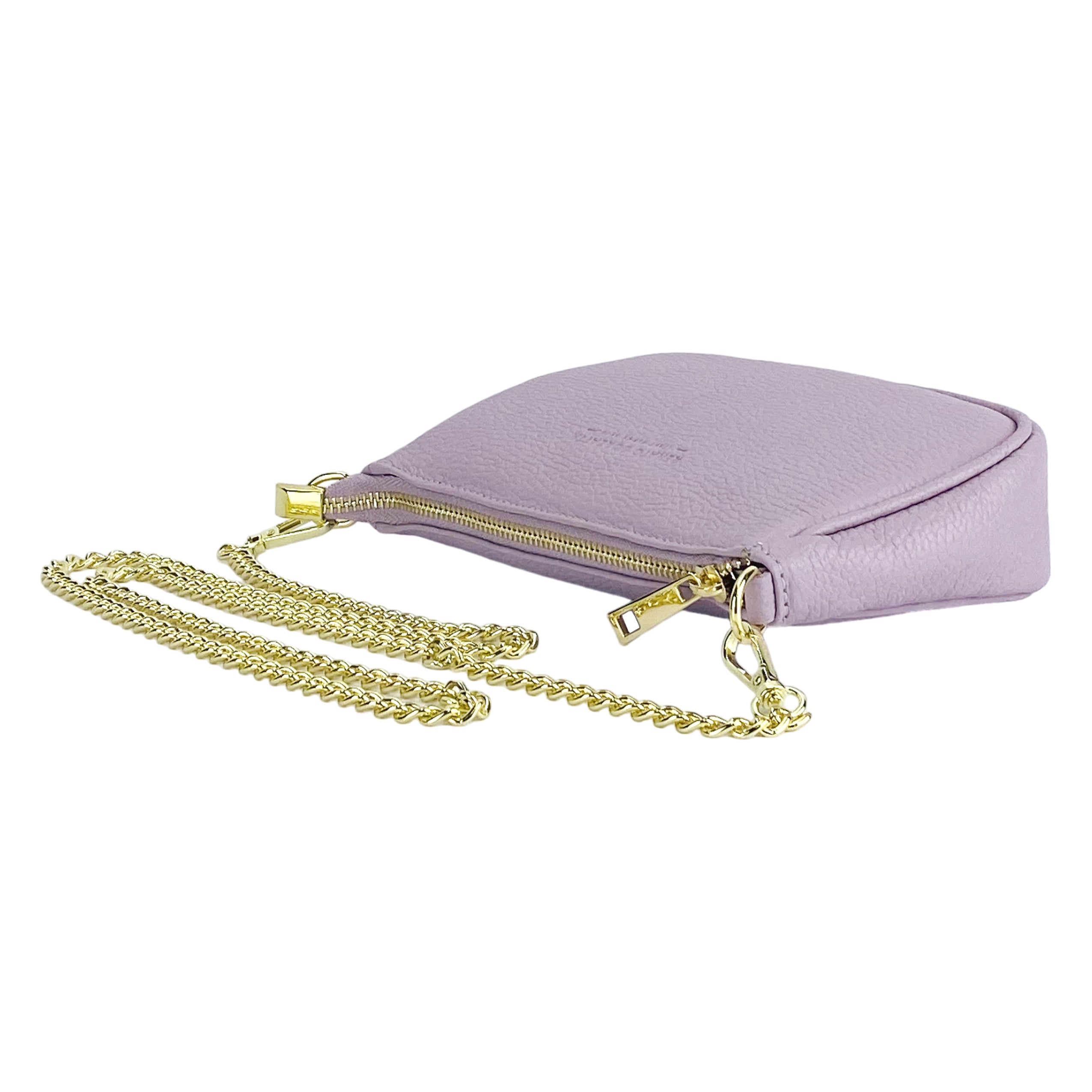 RB1022CI | Small Made in Italy Genuine Leather Bag with Removable Chain Strap. Shiny Gold metal zipper closure and Accessories - Lilac color - Dimensions: cm 20 x 12 x 6-3