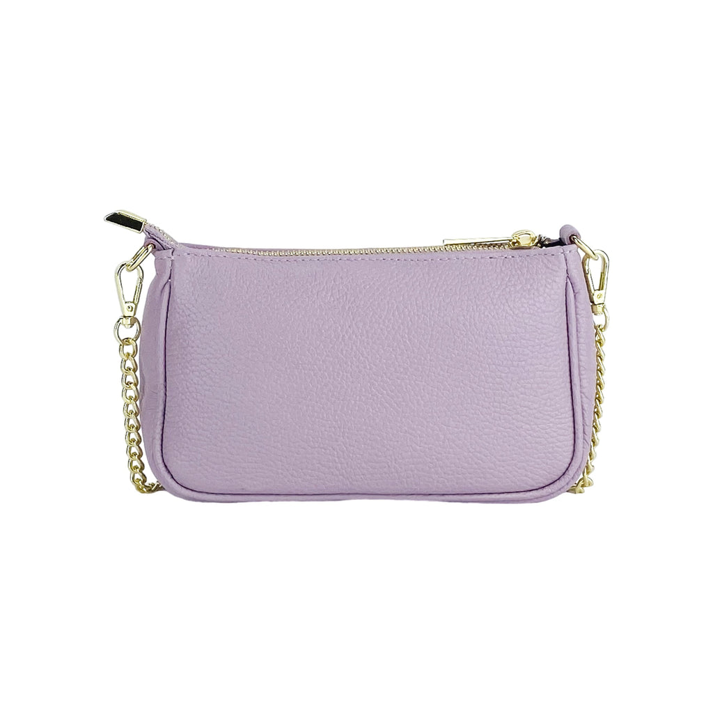 RB1022CI | Small Made in Italy Genuine Leather Bag with Removable Chain Strap. Shiny Gold metal zipper closure and Accessories - Lilac color - Dimensions: cm 20 x 12 x 6-4