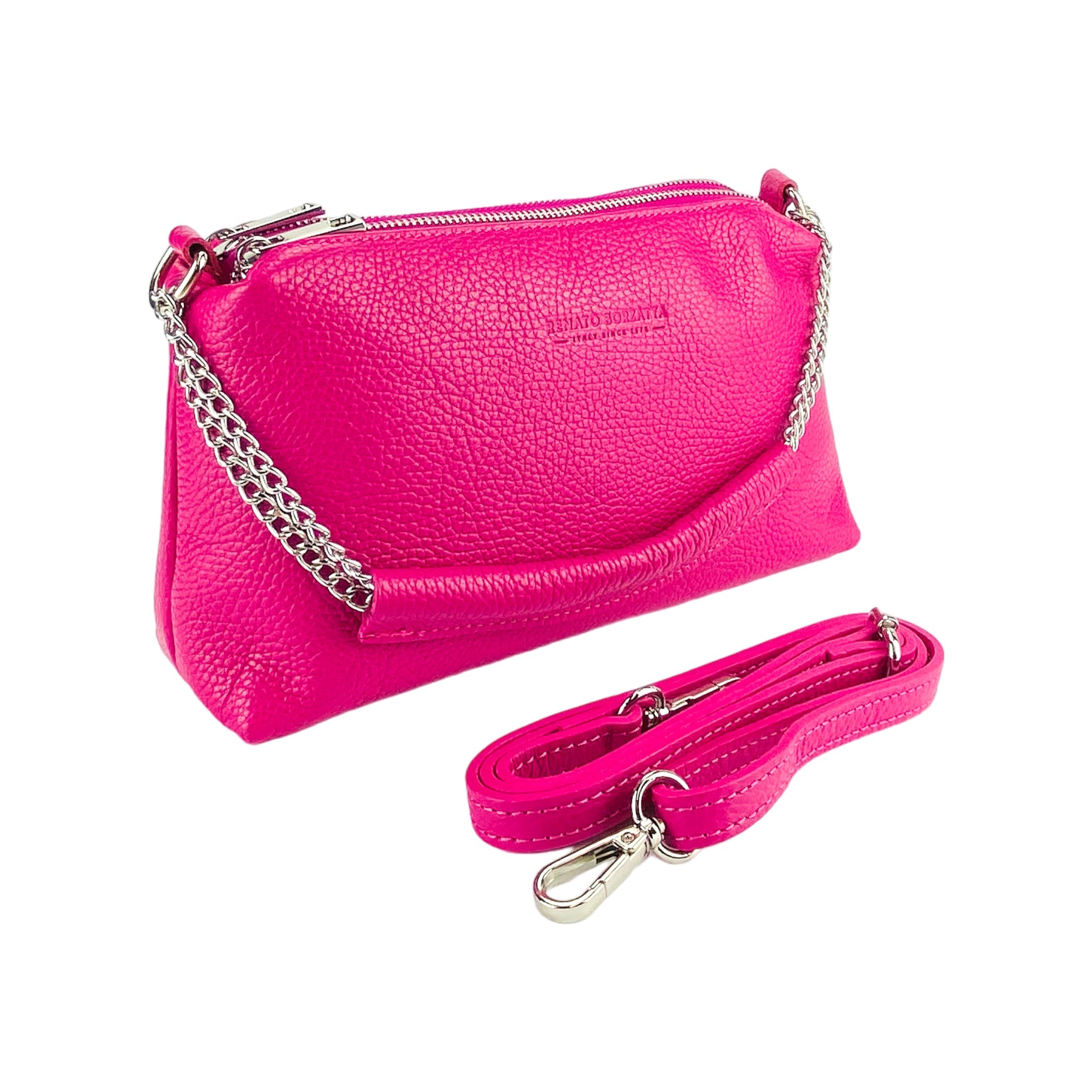 RB1025BE | Women's Hand Bag with double zipper in Genuine Leather Made in Italy. Adjustable leather shoulder strap. Shiny Nickel hardware - Fuxia color - Dimensions: cm 26 x 14 x 9-0