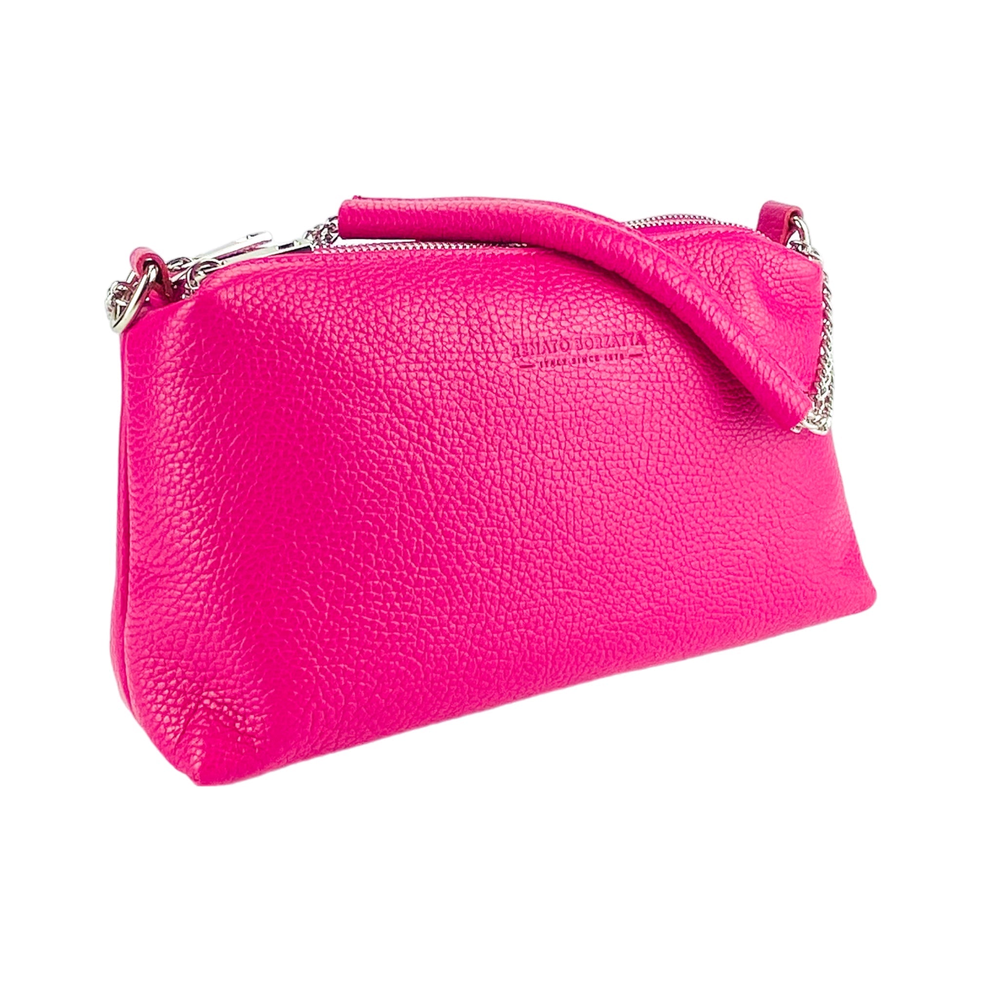 RB1025BE | Women's Hand Bag with double zipper in Genuine Leather Made in Italy. Adjustable leather shoulder strap. Shiny Nickel hardware - Fuxia color - Dimensions: cm 26 x 14 x 9-1