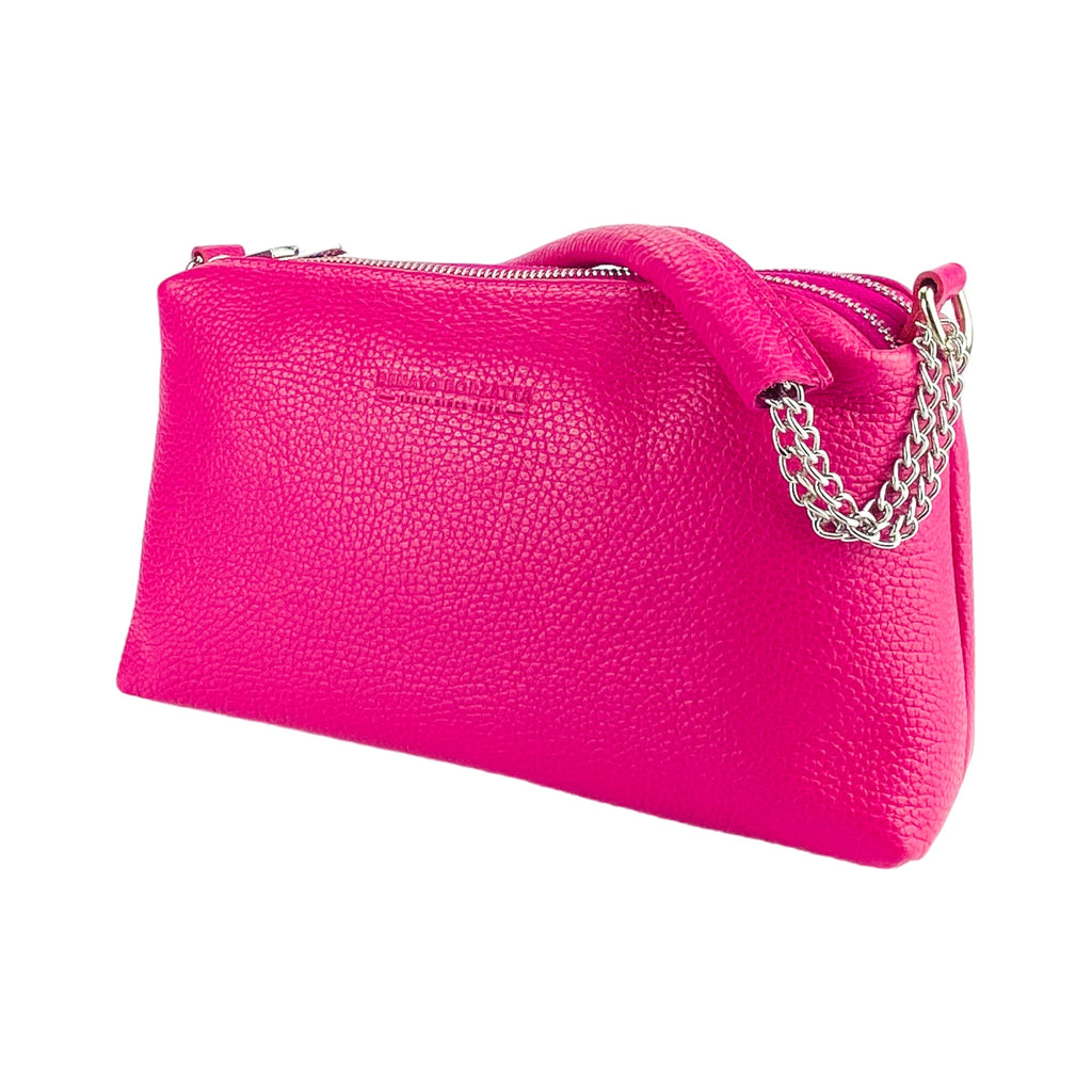 RB1025BE | Women's Hand Bag with double zipper in Genuine Leather Made in Italy. Adjustable leather shoulder strap. Shiny Nickel hardware - Fuxia color - Dimensions: cm 26 x 14 x 9-2