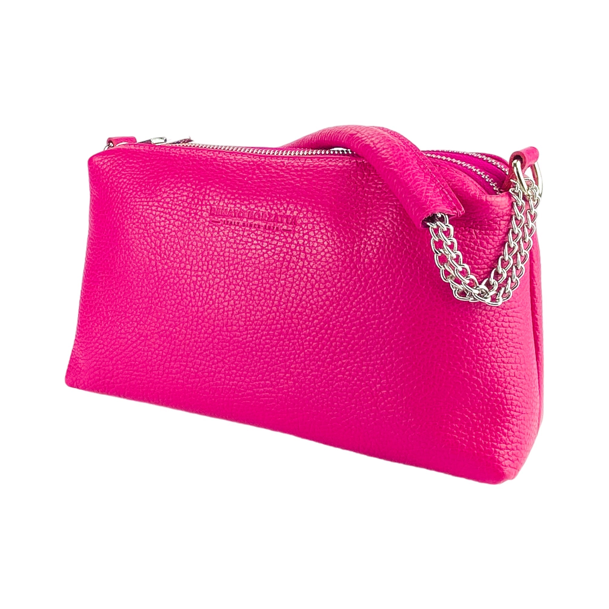 RB1025BE | Women's Hand Bag with double zipper in Genuine Leather Made in Italy. Adjustable leather shoulder strap. Shiny Nickel hardware - Fuxia color - Dimensions: cm 26 x 14 x 9-2