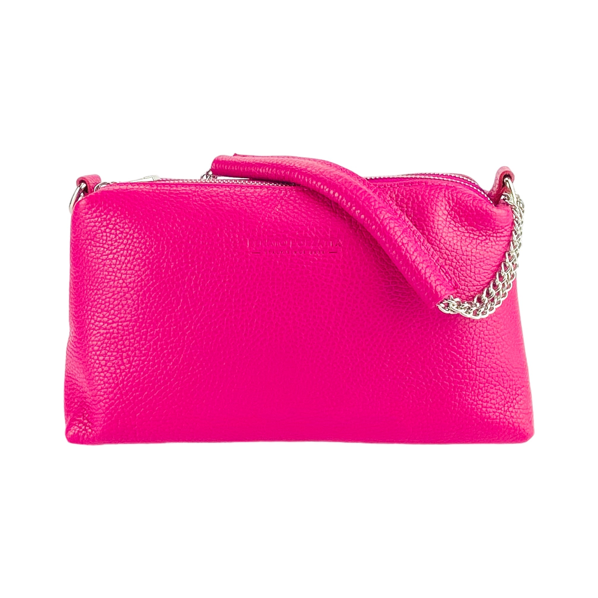 RB1025BE | Women's Hand Bag with double zipper in Genuine Leather Made in Italy. Adjustable leather shoulder strap. Shiny Nickel hardware - Fuxia color - Dimensions: cm 26 x 14 x 9-3